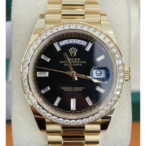 RLX Day-Date 40mm Black Diamond Dial and Diamond Bezel Yellow Gold President Bracelet 228348RBR-0001