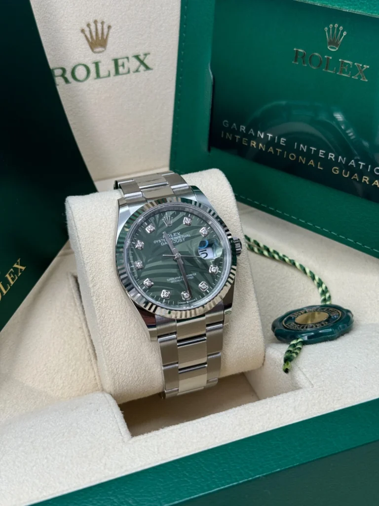 RLX Datejust 36mm 126234 Olive Green Palm Motif Diamond Dial Jubilee Stainless Steel Watch