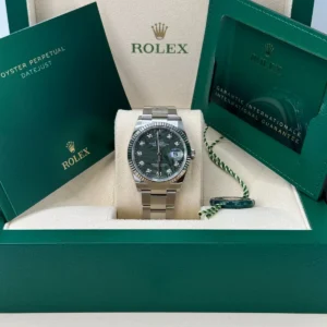 RLX Datejust 36mm 126234 Olive Green Palm Motif Diamond Dial Jubilee Stainless Steel Watch