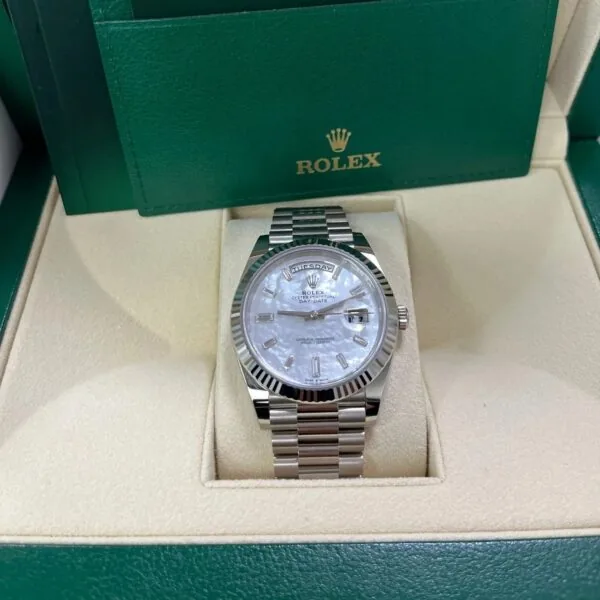 RLX Day-Date "President" 40mm White Gold Mother of Pearl Diamond Baguette Dial - 228239
