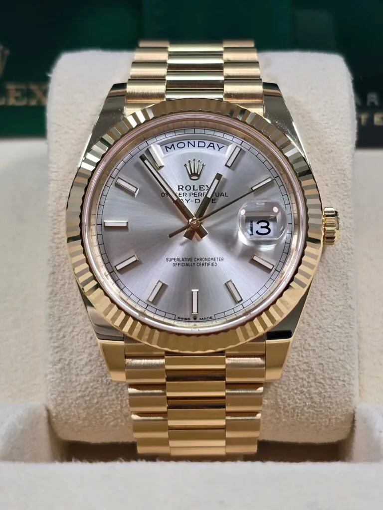RLX Day-Date "President" 40mm Yellow Gold Silver Index Dial - 228238