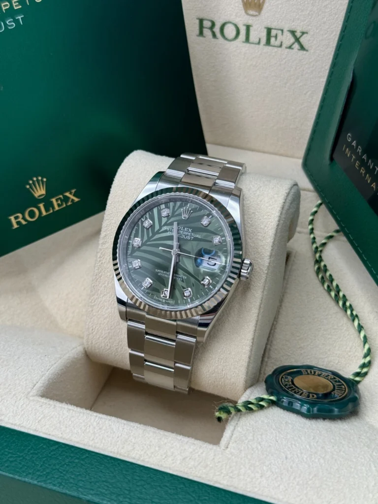 RLX Datejust 36mm 126234 Olive Green Palm Motif Diamond Dial Jubilee Stainless Steel Watch