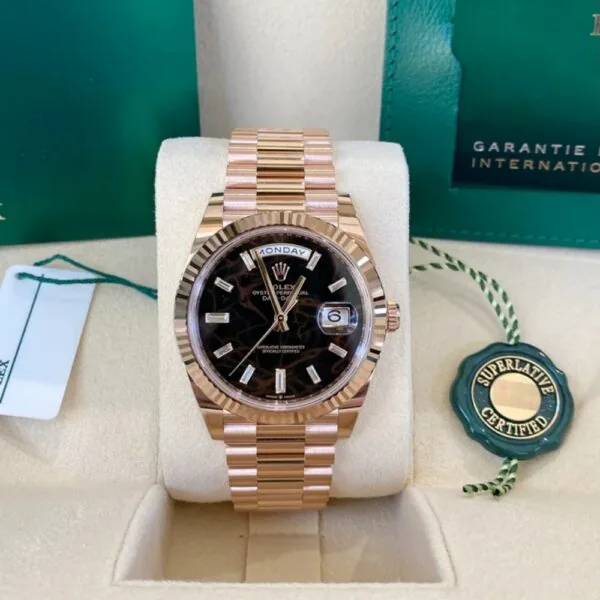 RLX Day-Date "President" 40mm Everose Eisenkiesel Diamond Baguette Dial - 228235