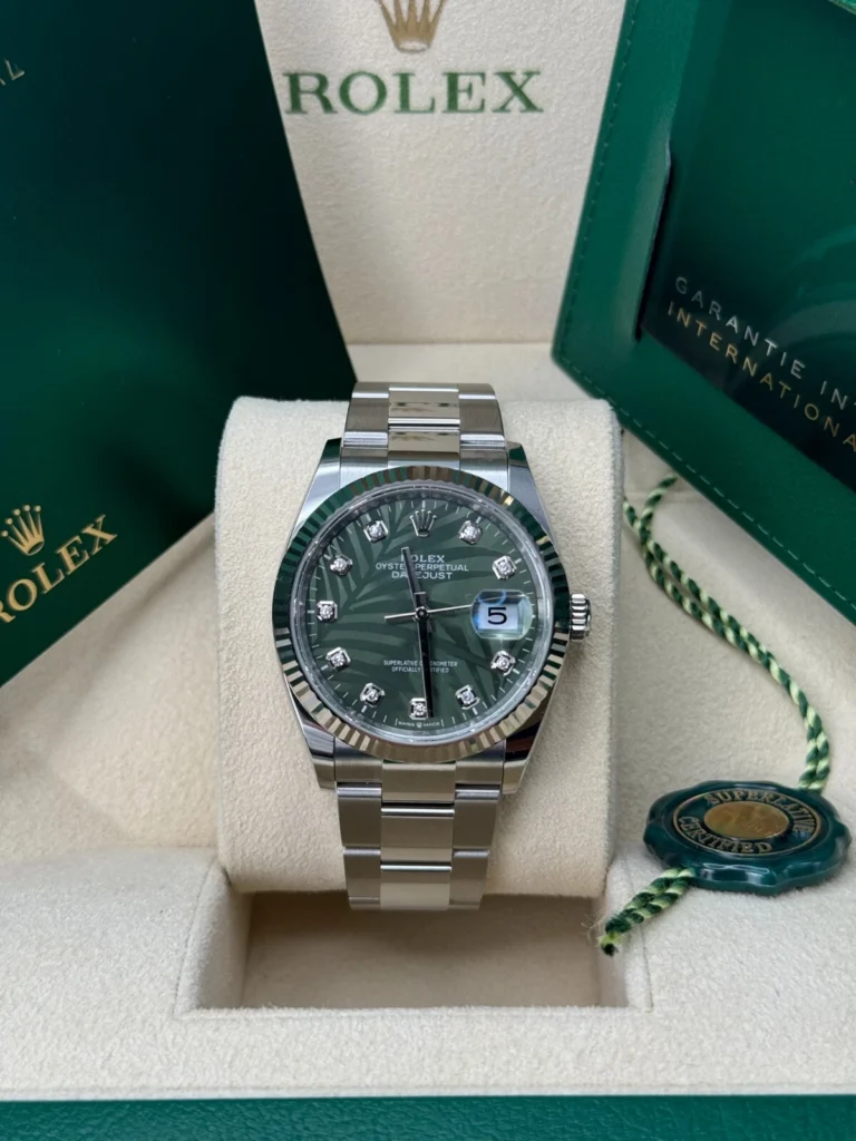 RLX Datejust 36mm 126234 Olive Green Palm Motif Diamond Dial Jubilee Stainless Steel Watch